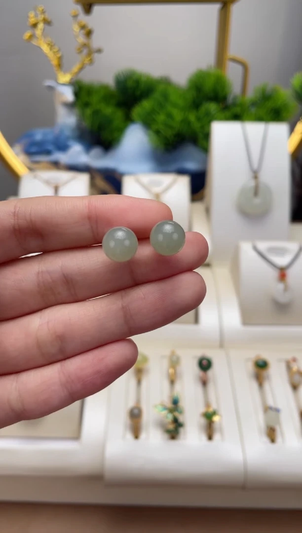 吊坠(不含链)银S925镶嵌和田玉和田玉圆珠耳钉