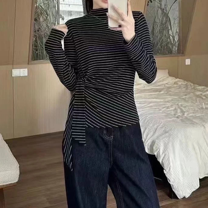 86967#2025新款时尚气质磨毛修身显瘦条纹长袖T恤