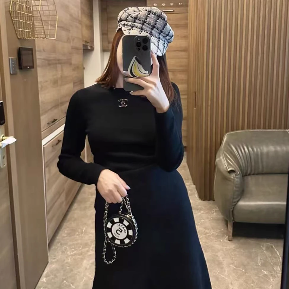 99新 Chanel/香奈儿 38码22K秋冬粗花呢双C logo黑色针织打底上衣