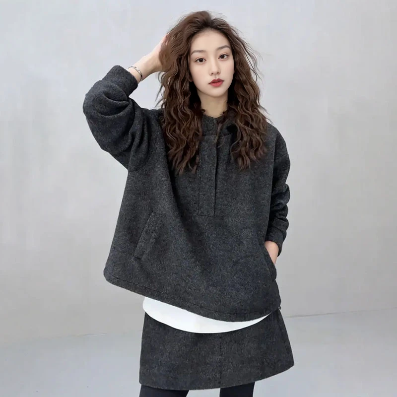 大码韩系慵懒风灰色连帽卫衣半裙两件套装新款胖mm一整套深冬穿搭