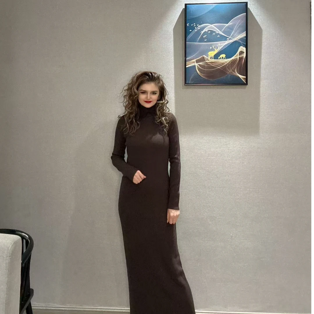 2024年自家原创高领显瘦百搭韩版简单大方女款长连衣裙