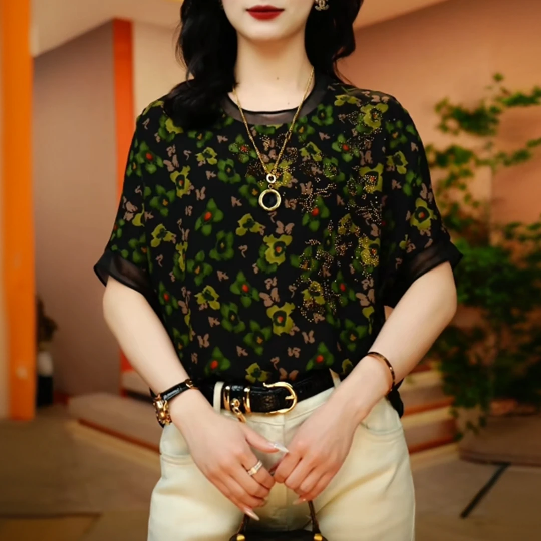 【贵妇装】原创【绿影蝶衣】 绿底蝶花印花尽显优雅百搭气质短袖上衣