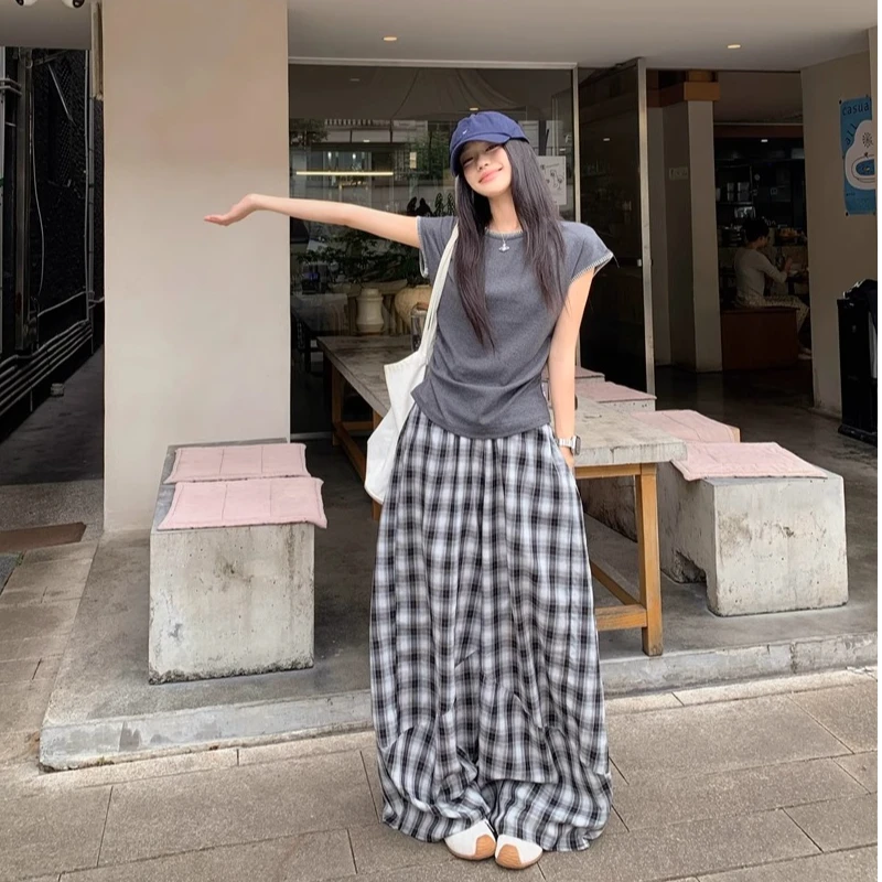 2025新款慵懒风宽松休闲格子裤女生夏季减龄格纹百搭高腰阔腿裤女