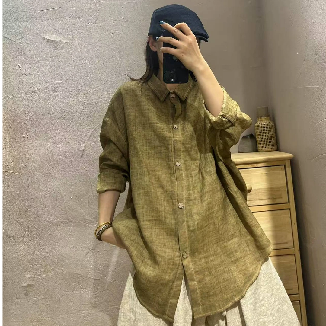 100%苎麻 宽松版长袖翻领衬衫 胸围140衣长78