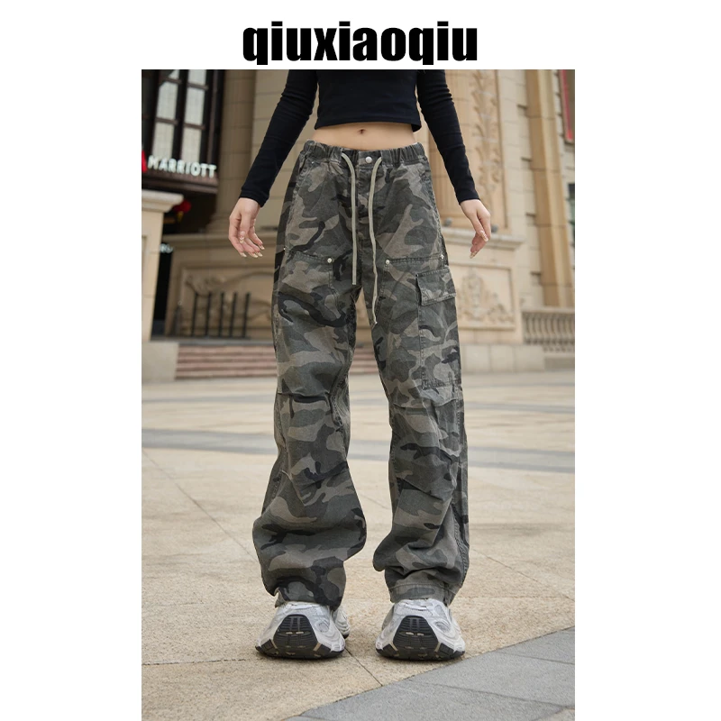 【Qiuxiaoqiu】巴黎灰迷彩水洗做旧重工宽松直筒休闲美式工装牛仔裤