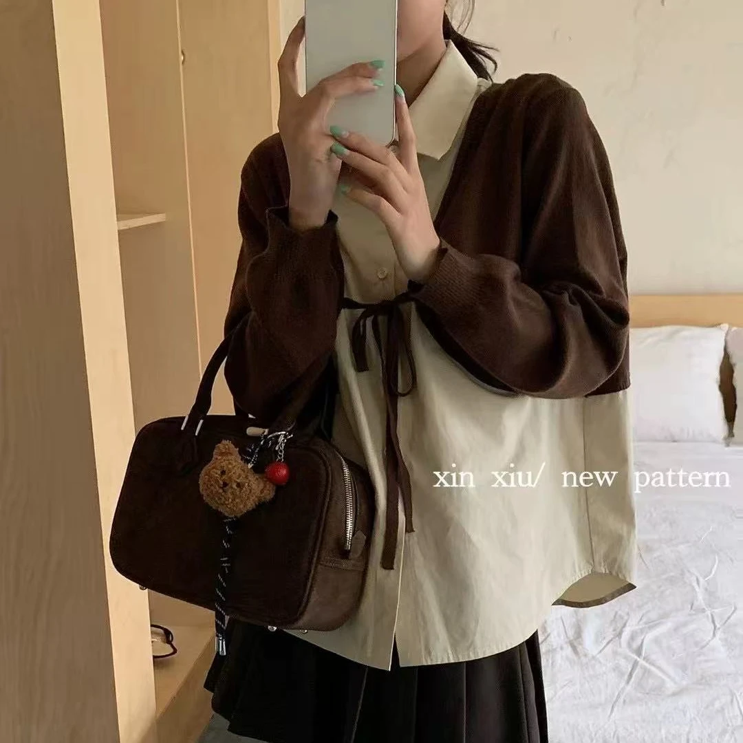 88710学院少女 假两件慵懒系带衬衣