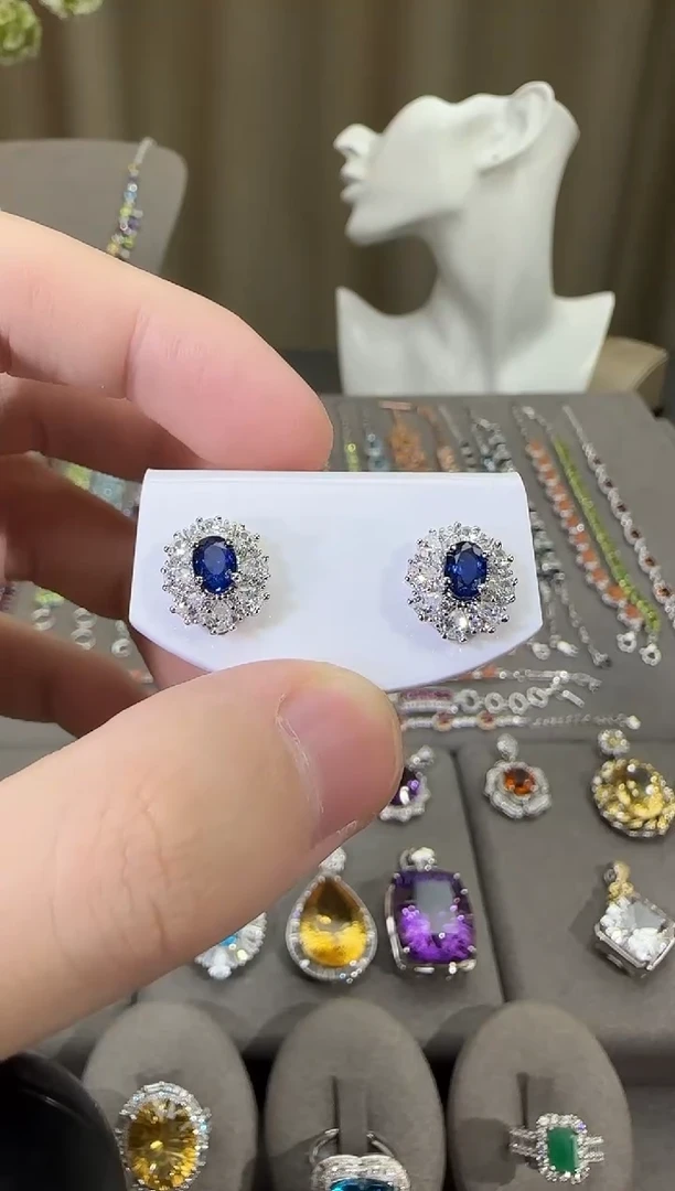 耳饰蓝宝石银S925镶嵌5*7mm耳钉简约款