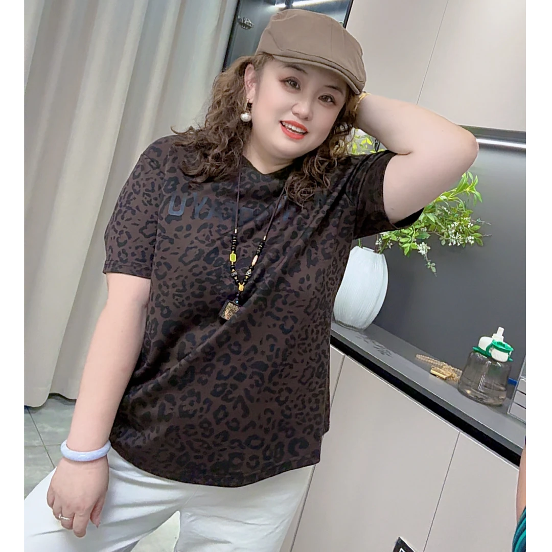 9656（丹姐家）短袖秋新款欧韩货百搭网红大码版中长款豹纹字母上衣