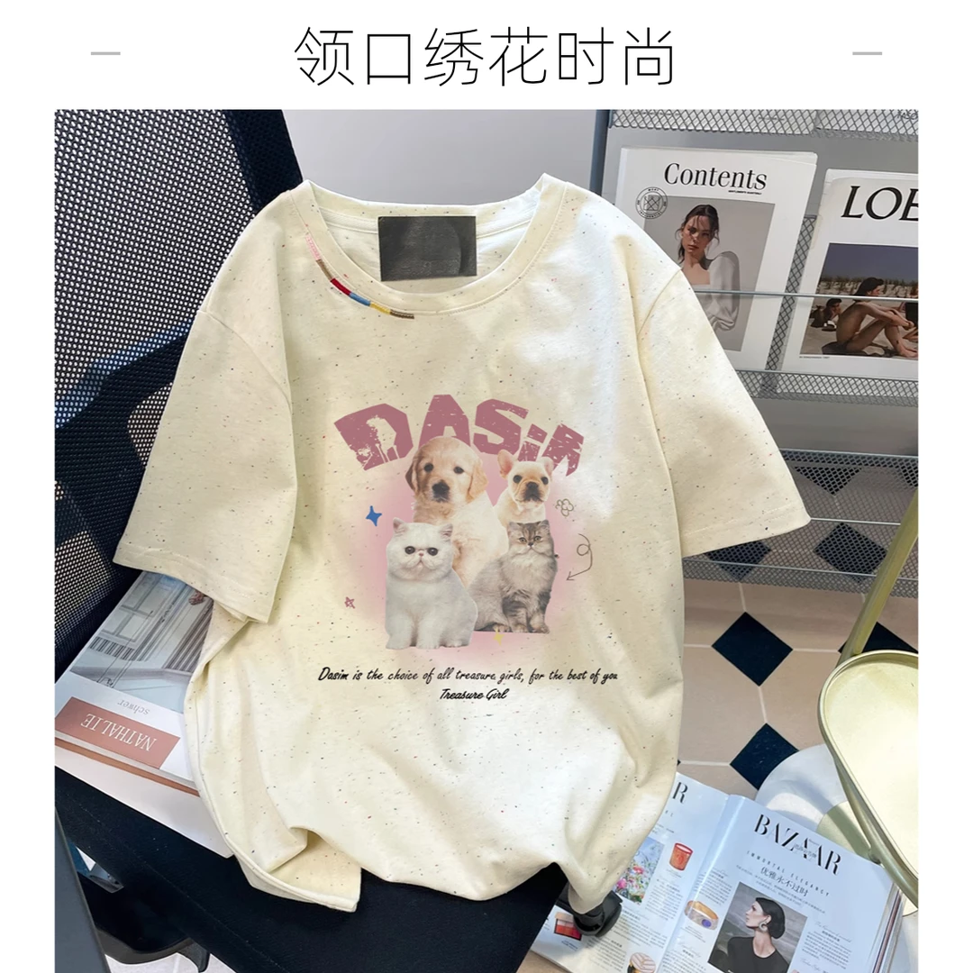 2025夏季新款短袖领口绣花+印花男女夏季宽松纯棉T恤宽松ins风机