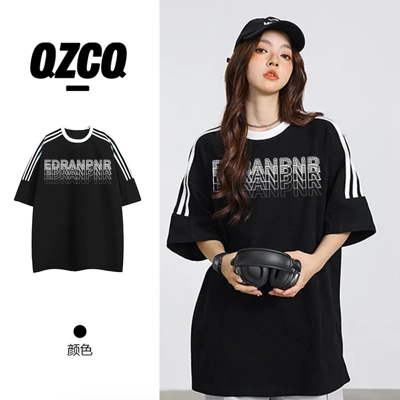 QZCQ叠态字母美潮百搭宽松港风三条杠短袖T恤韩版潮休闲上衣圆领