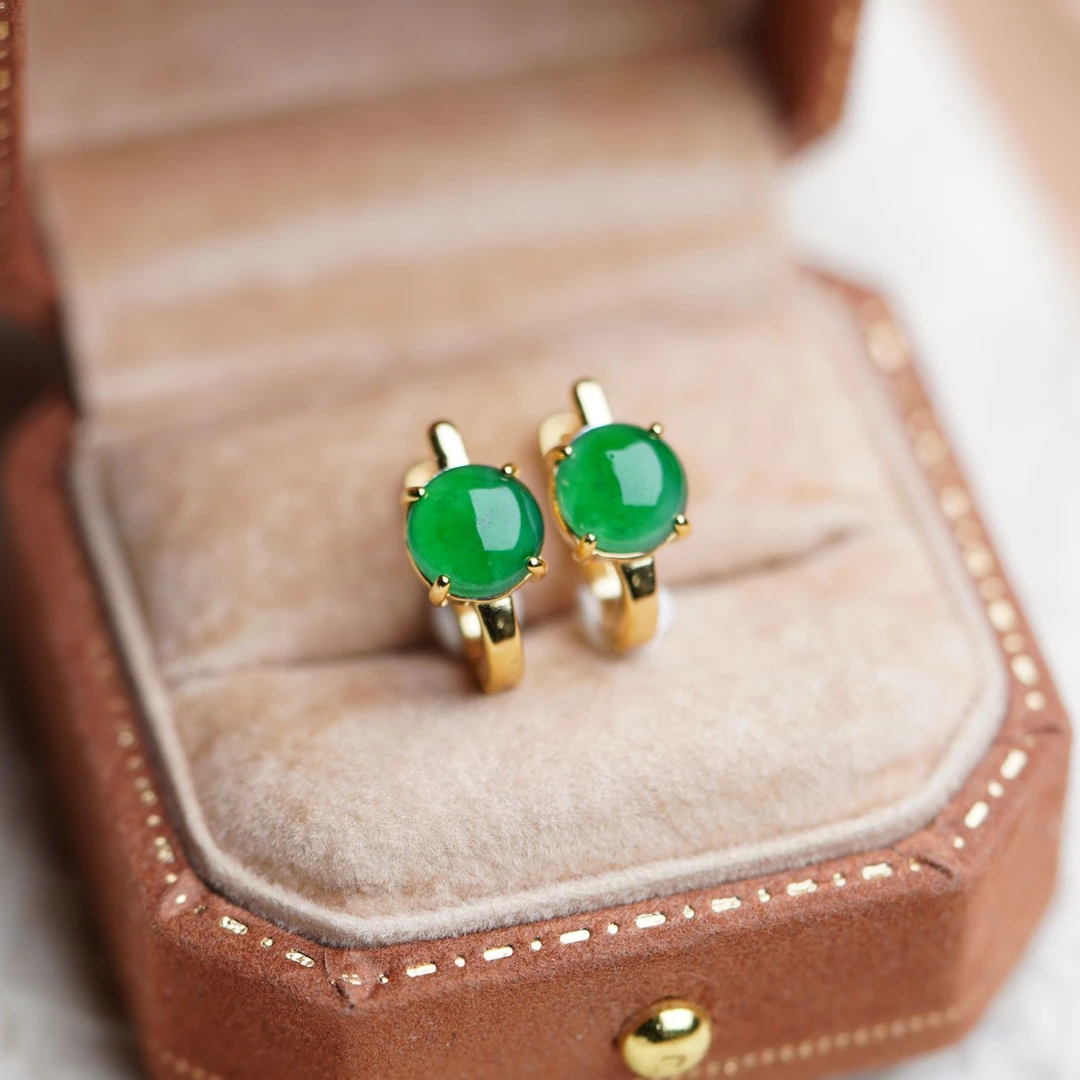 天然A货翡翠辣绿色大蛋面耳扣简约百搭  金色7mm