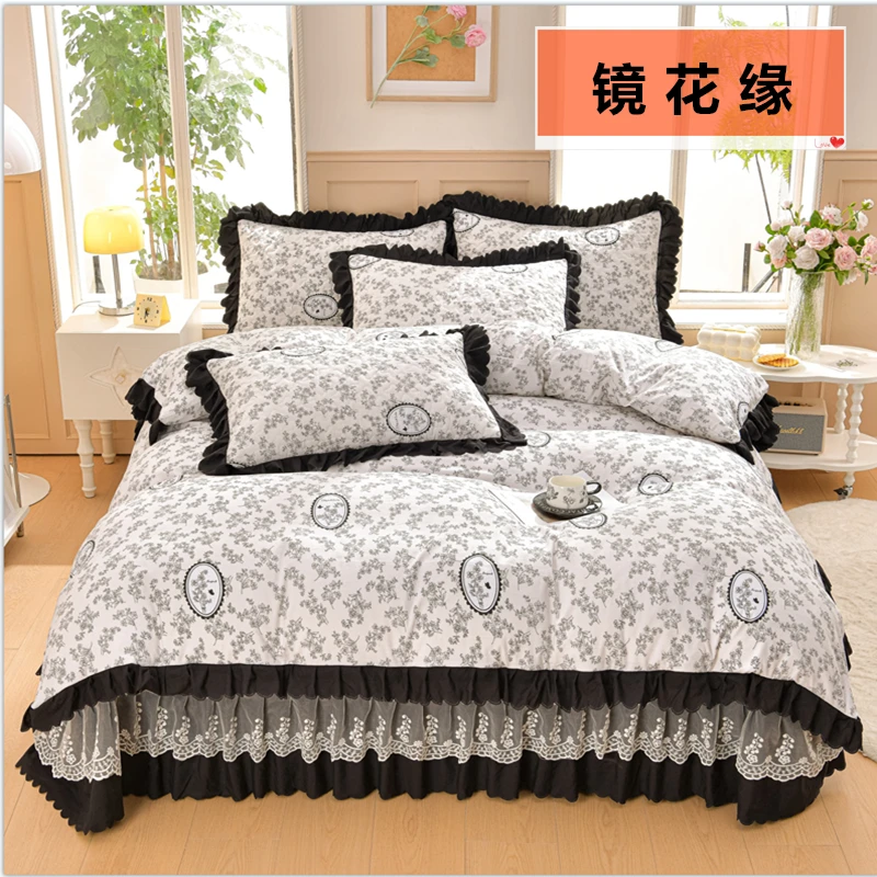 网红床裙床盖四件套花边被套床单三件套床上用品印花韩版夹棉