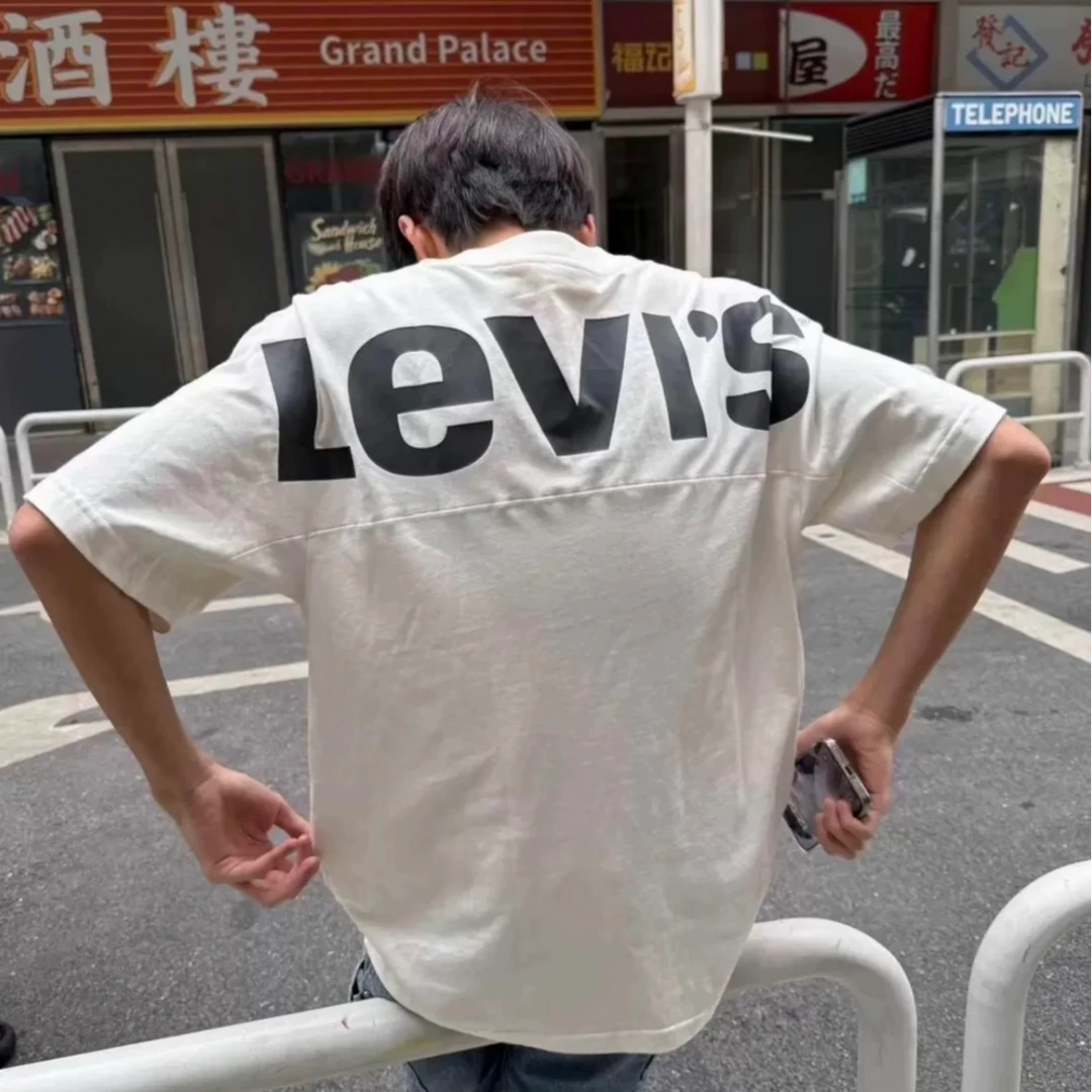 Levis 欧美式高街潮牌基础款字母t恤男短袖重磅纯棉小领口上衣夏