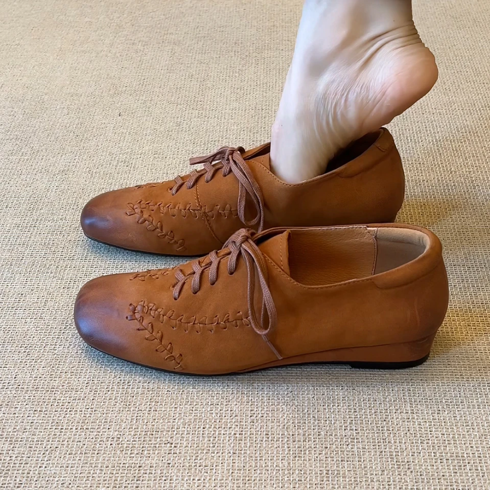 RubyL/3cm小众设计感时尚通勤方头擦色拼接系带深口坡跟单鞋女款