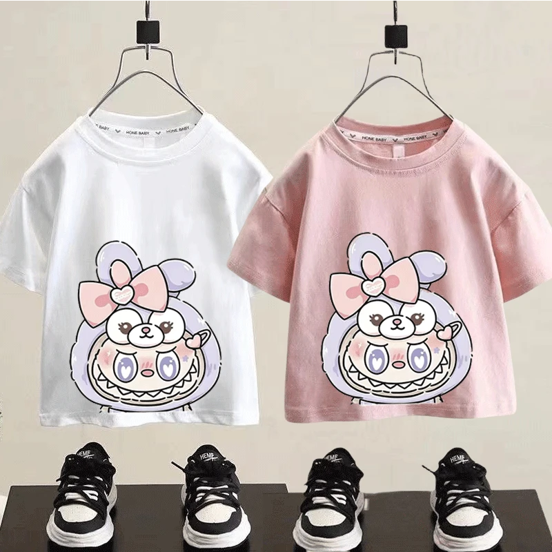 库洛米t恤女童短袖夏季新款2025纯棉中小童卡通kt猫外穿休闲T上衣