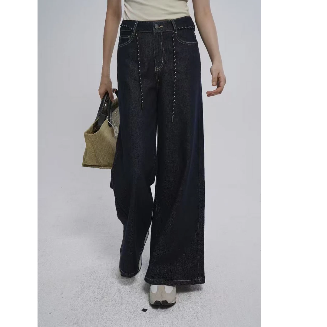 柏娜诺 墨蓝色水洗直筒阔腿不易褪色牛仔高腰长裤