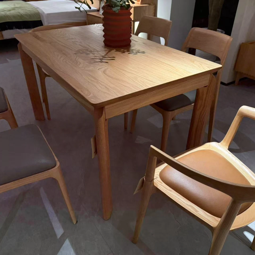 红橡木榫卯一桌四椅实木桌方形带家用原木书桌餐桌53L03