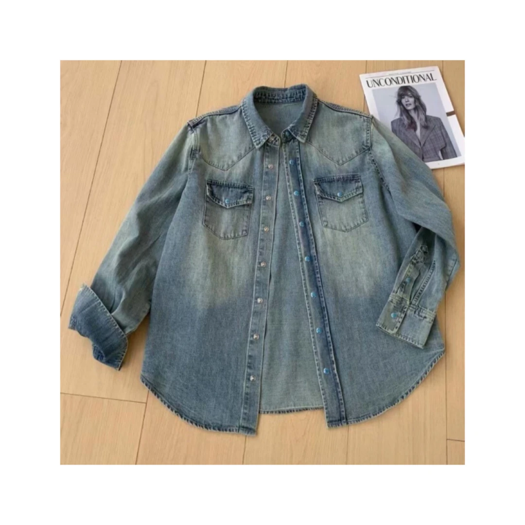 PLUR·PAN定制纽扣  长袖单排多扣简约牛仔蓝衬衫