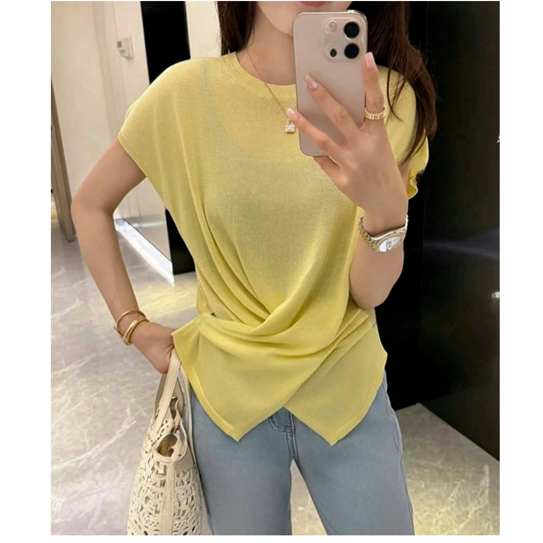 法式不规则开叉纽扣设计感绑带短袖T恤2025夏季新款时尚通勤上衣