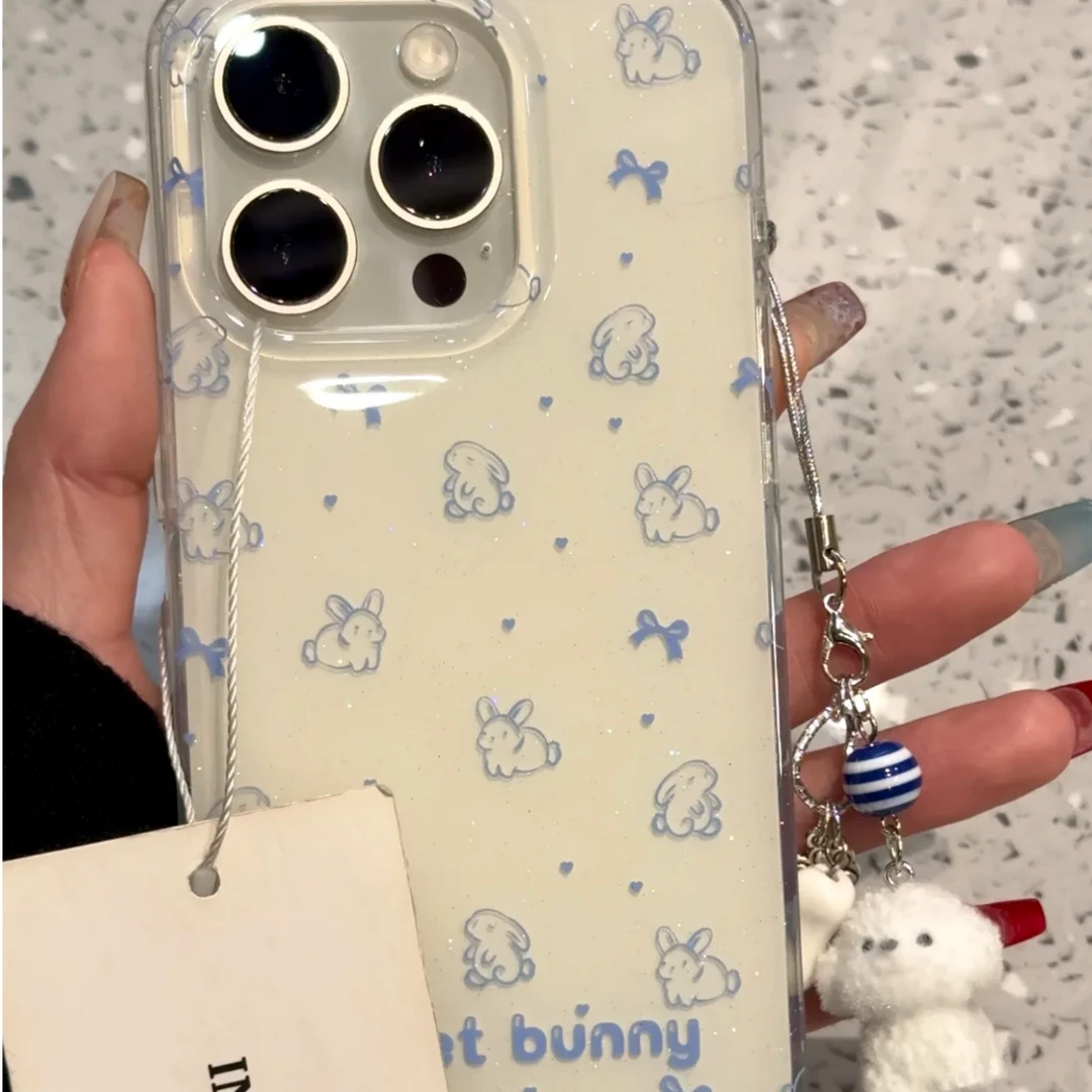 ins蓝色线条兔子带挂件适用ihone16promax苹果15pro手机壳14pro13