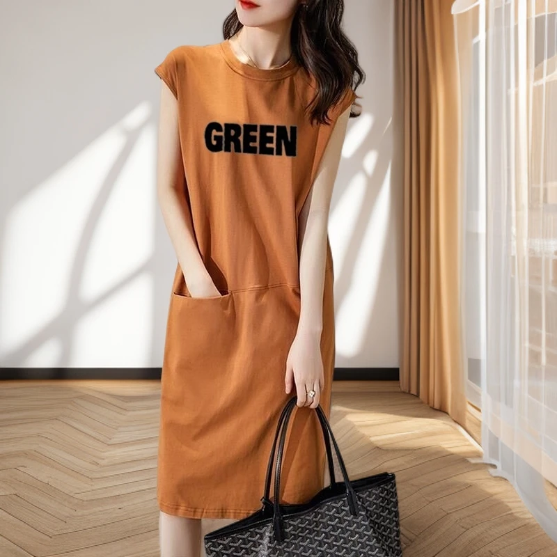 阮黛女装夏季2025年新款中长款法式休闲显瘦字母无袖T恤连衣裙