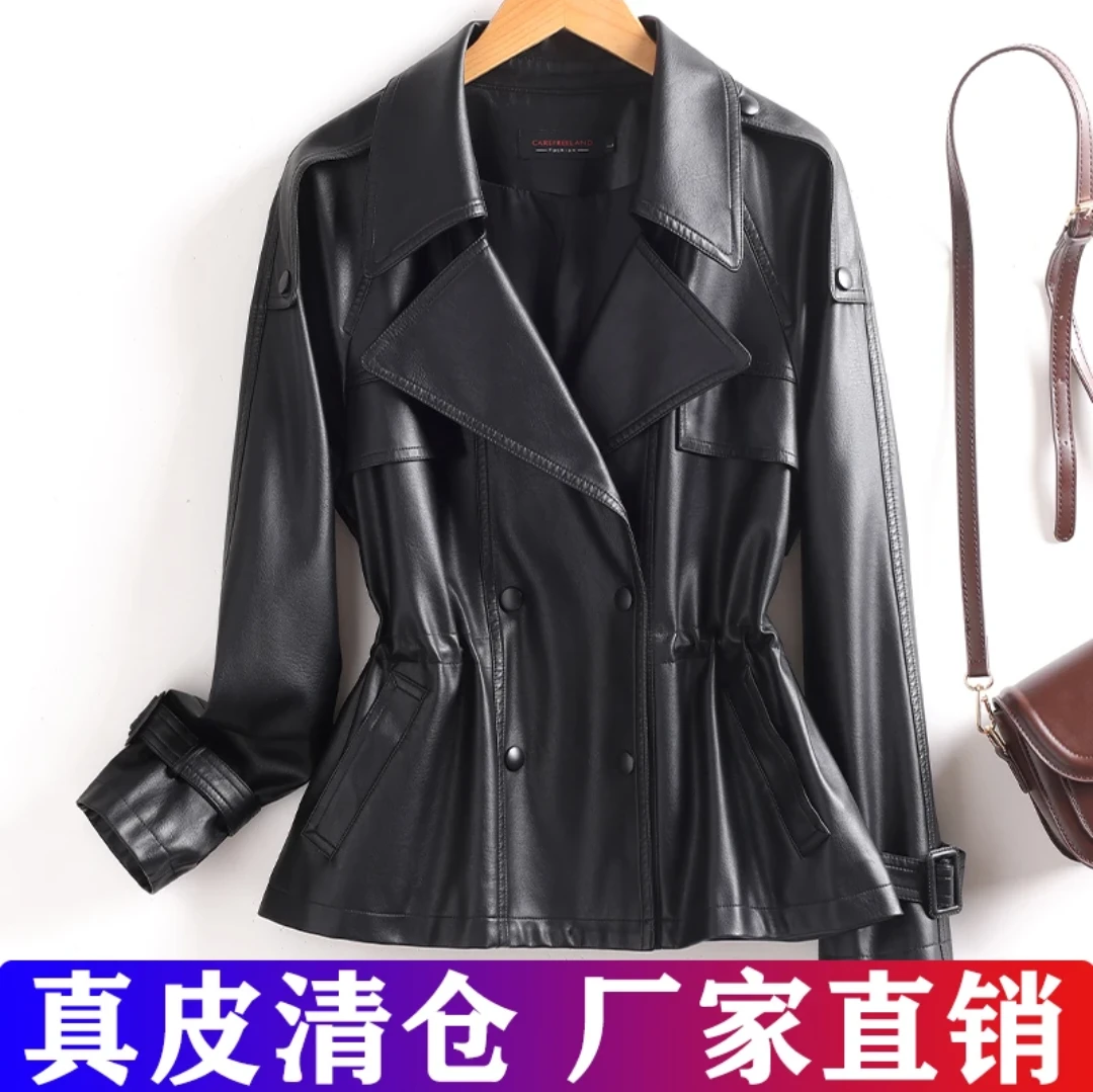 海宁新款秋修身翻领工装风短款时尚女款修身皮衣女装绵羊皮显瘦