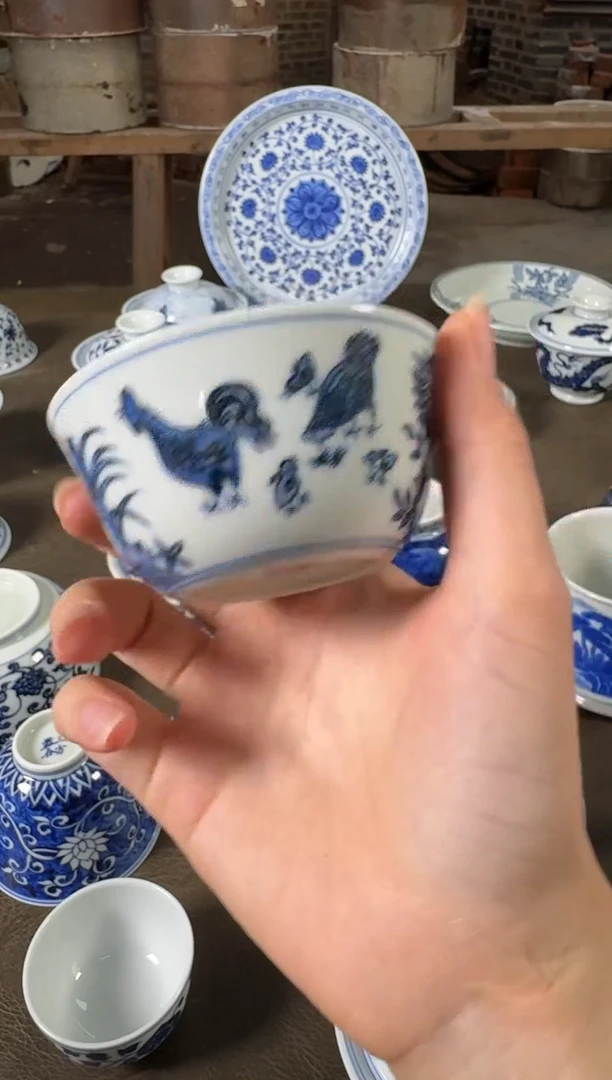 杯子三方器合青花鸡缸杯
