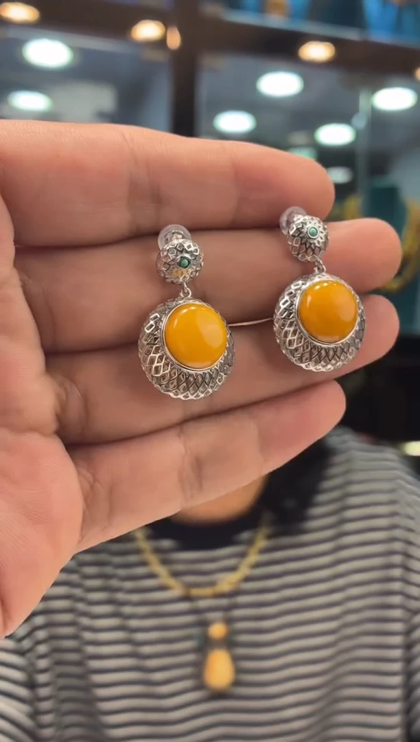 蜜蜡银S925镶嵌耳坠噶玛珠宝天然流动纹不同精选的同款发其中一个