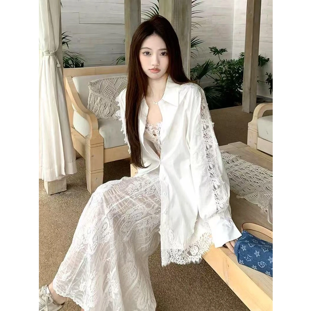 2025年夏季时尚气质高级感白色衬衫套装长袖宽松蕾丝半身裙女1124