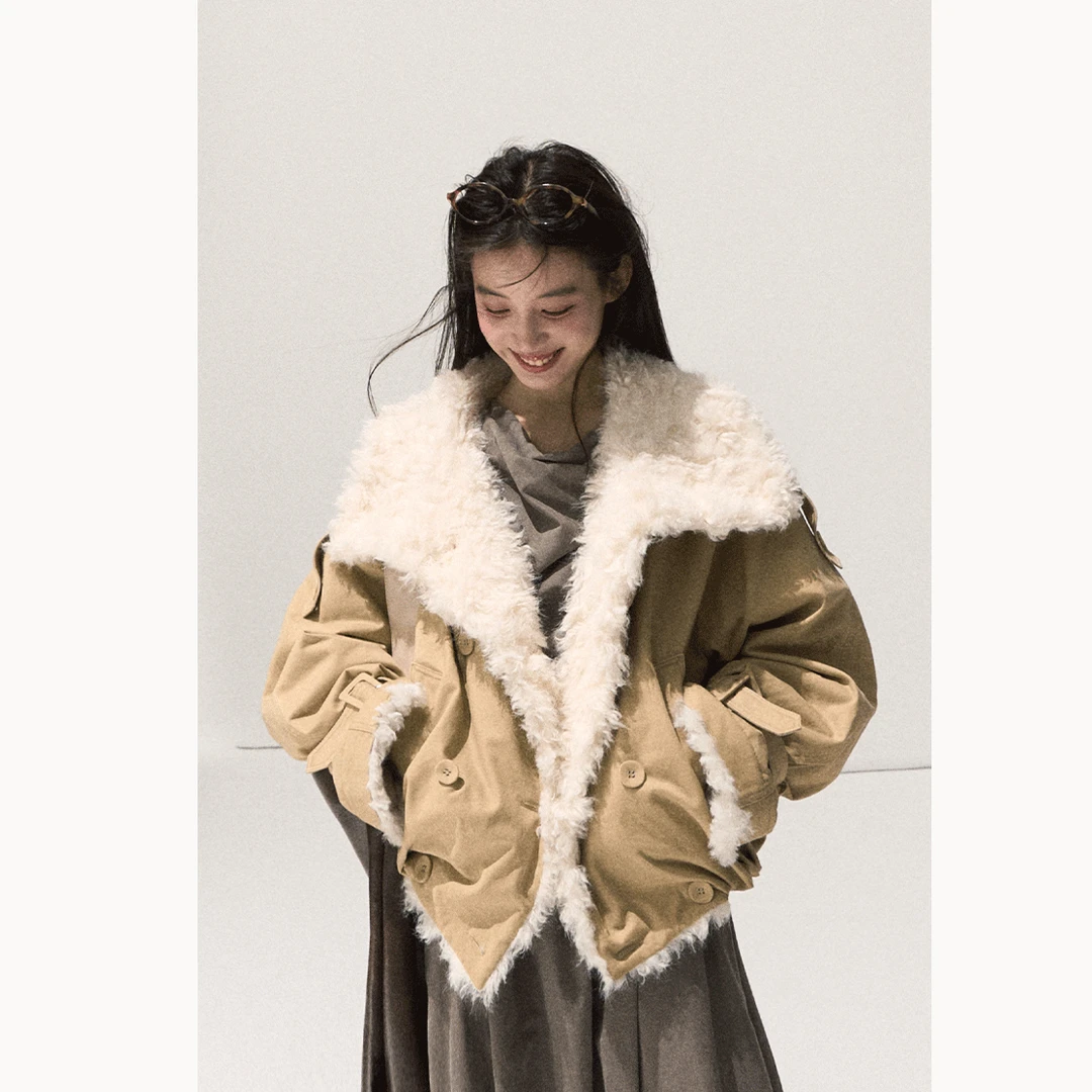 羔毛短款雾面柔光皮外套女加厚翻领派克服冬加厚加绒复古百搭