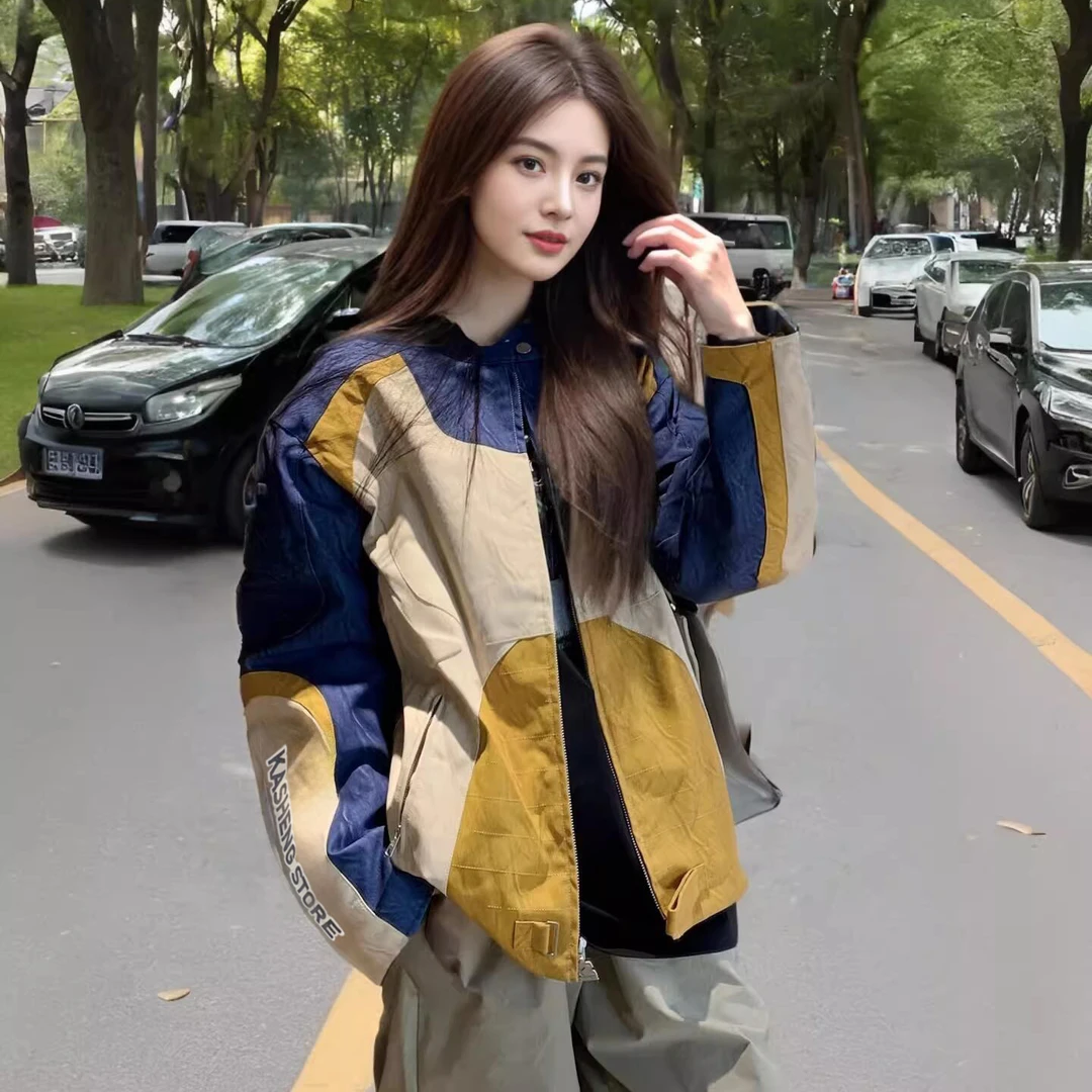 芙沿机能拼接撞色皮衣外套女2025年新款美式vintage机车夹克外套