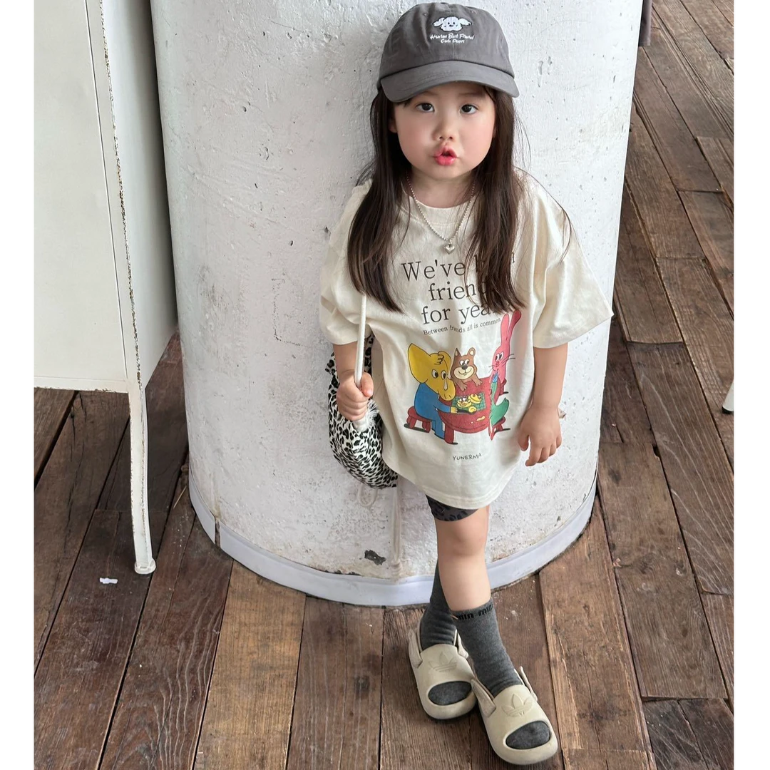 小思家女童2025夏季新款休闲百搭宽松卡通短袖T恤豹纹打底裤套装