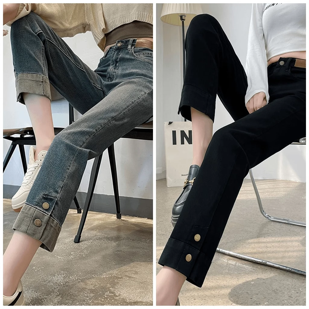 春秋季爆款高腰牛仔烟管直筒裤牛仔九分裤子女小个子宽松修身显瘦