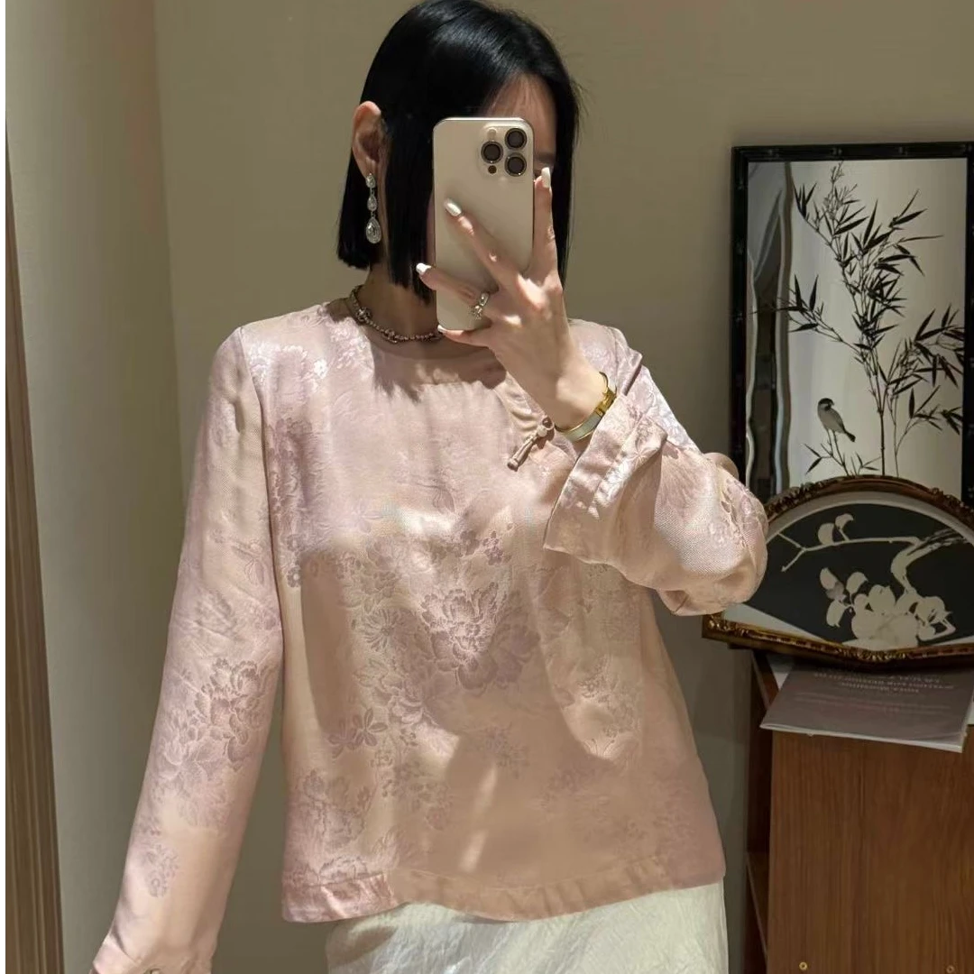 2025春季新款新中式禅意幻彩蚕丝花萝兰气质提花圆领衬衫女长袖