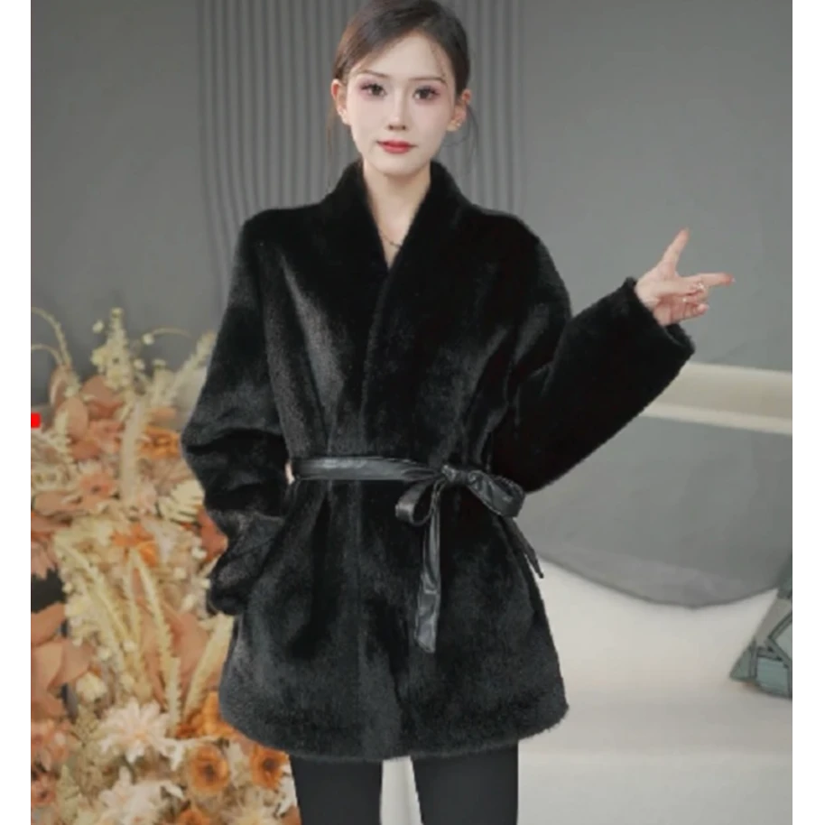 进口.环保水貂米貂V领大衣女2024冬韩版奢华正品保暖外套气质裘皮