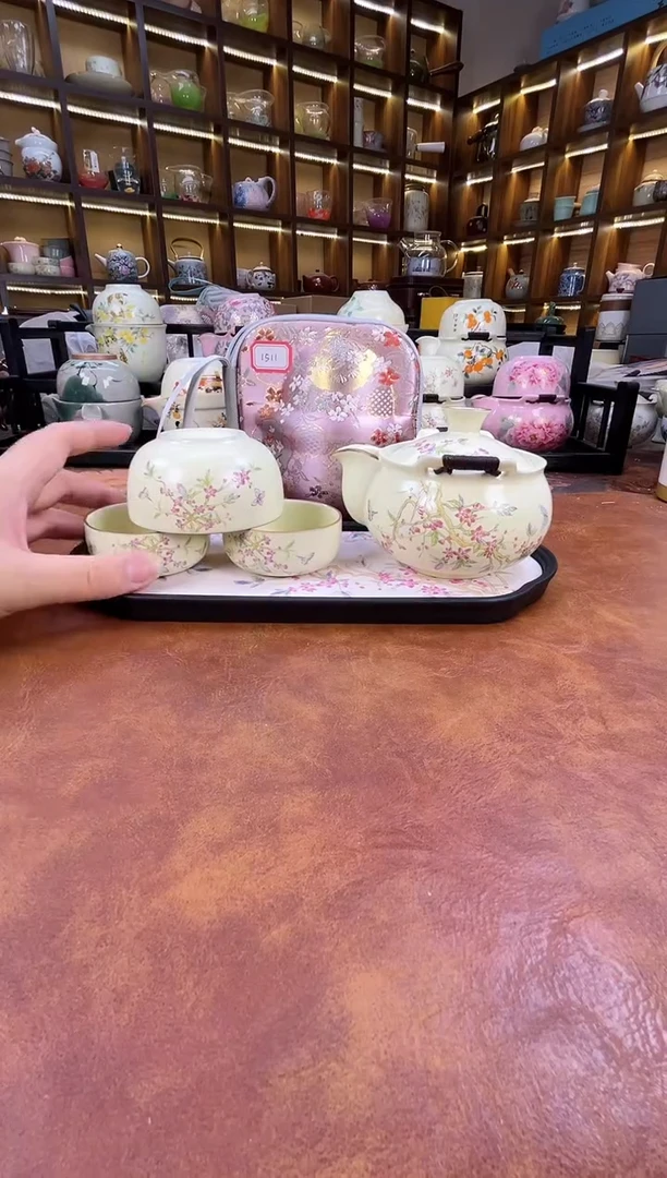 瓷片桃花1壶3杯宝瓶旅行+长方桃花盘