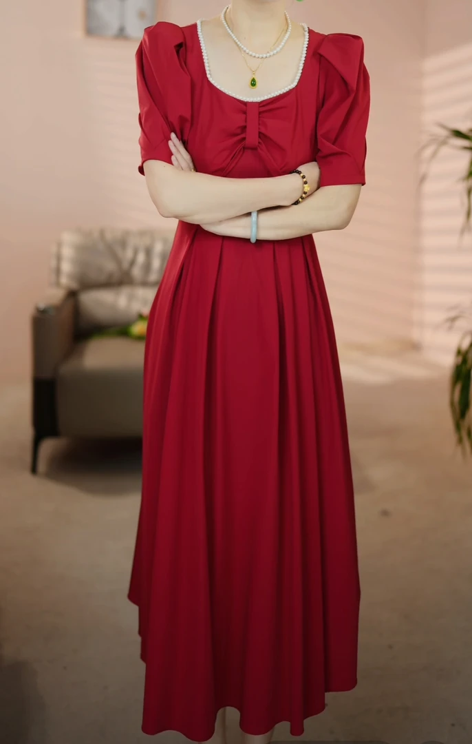 T1584夏季方领气质减龄收腰显瘦时尚连衣裙短袖B8