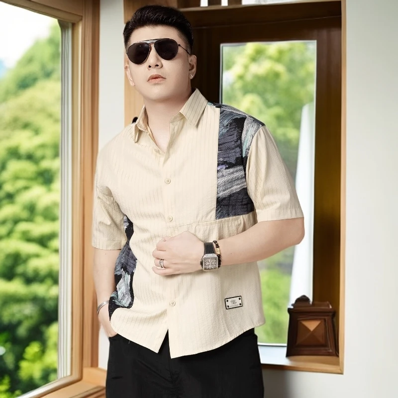 娜罗普西时尚休闲男士衬衫短袖夏季新款凉感国潮拼接休闲衬衣男装