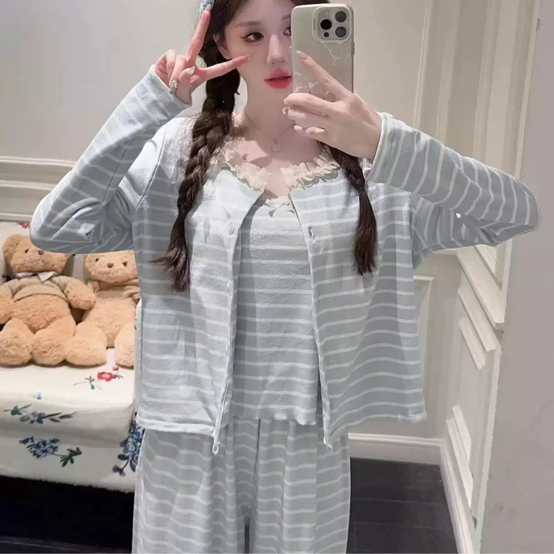 海岛绒 小清新条纹带胸垫软呼呼的三件套秋冬新款女甜美家居服