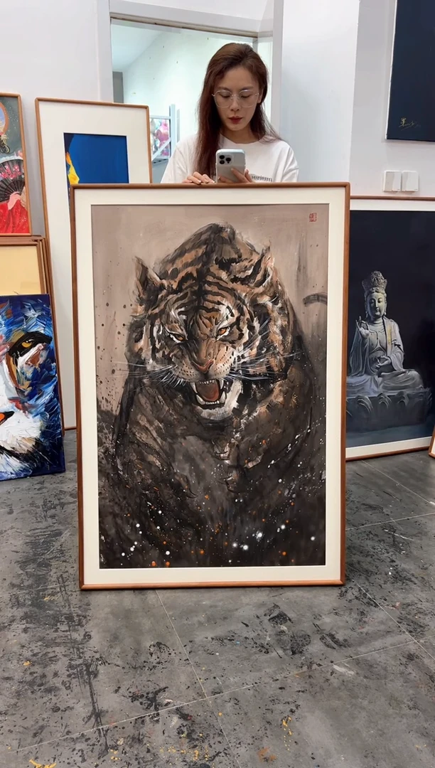 丙烯画鸟*画江湖老师虎啸精装裱