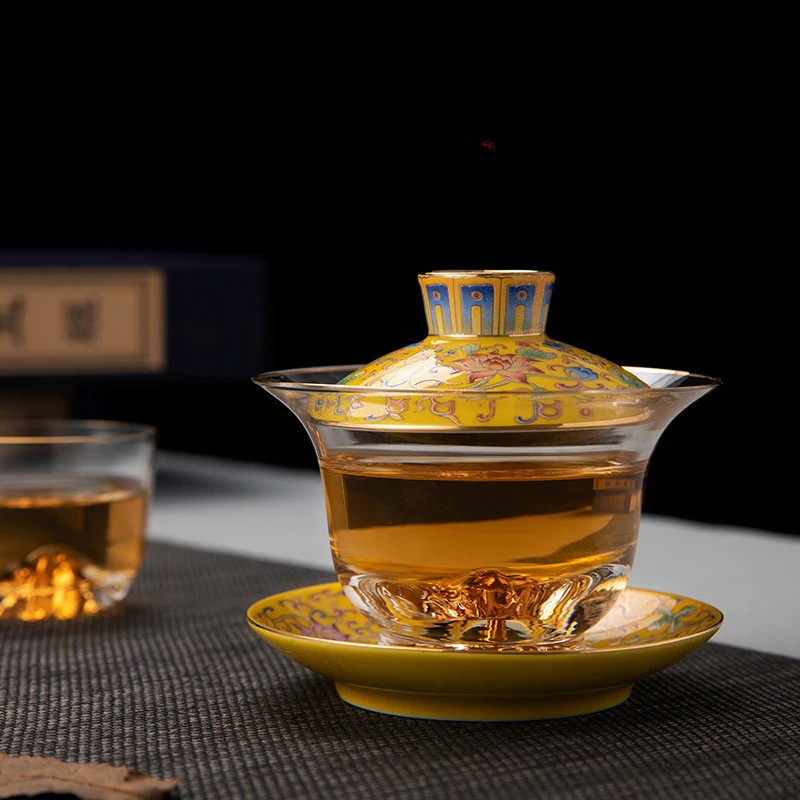 【高雅】珐琅彩绘三才盖碗茶碗茶托玻璃藏金杯功夫茶具茶道零配