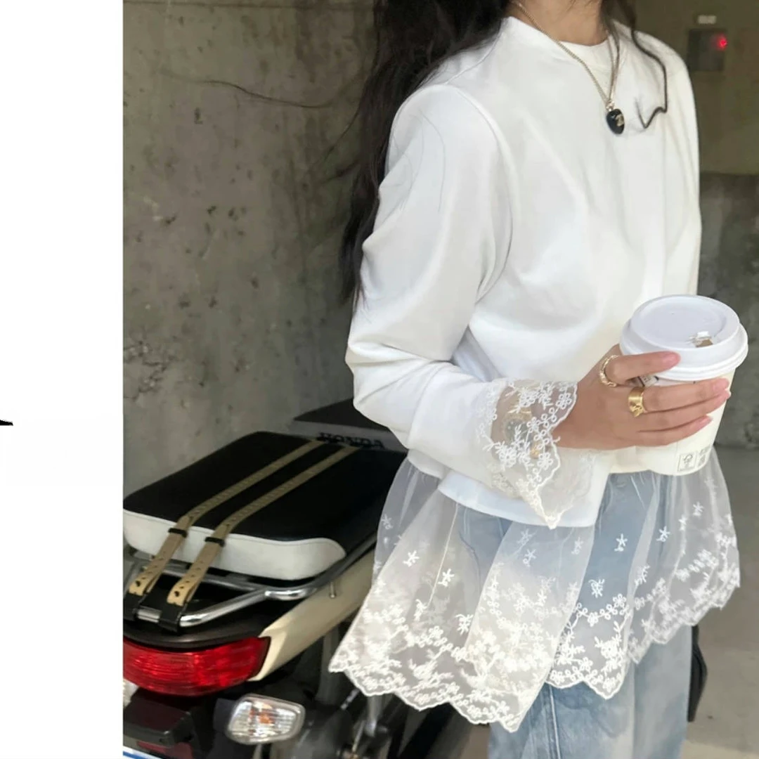 蕾丝花边拼接网纱上衣春夏2025新款时尚气质高级设计感长袖t恤女