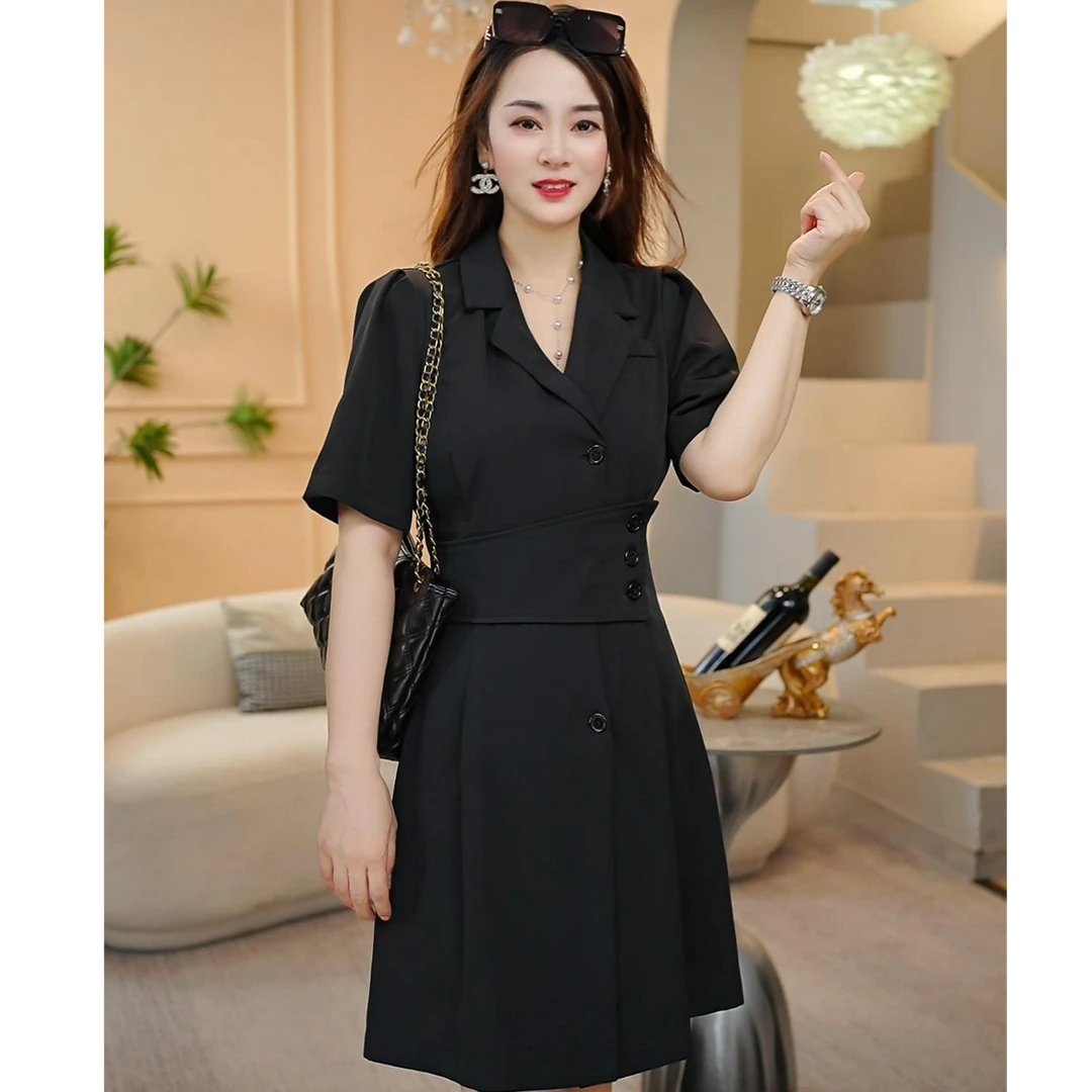 西装领收腰显瘦气质裙2025夏季新款黑色A字法式女装连衣裙7732