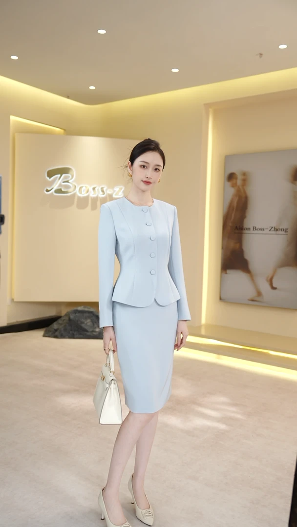 钟老板高级感职业套装女2025秋季新款欧灰蓝上衣外套半身裙两件套