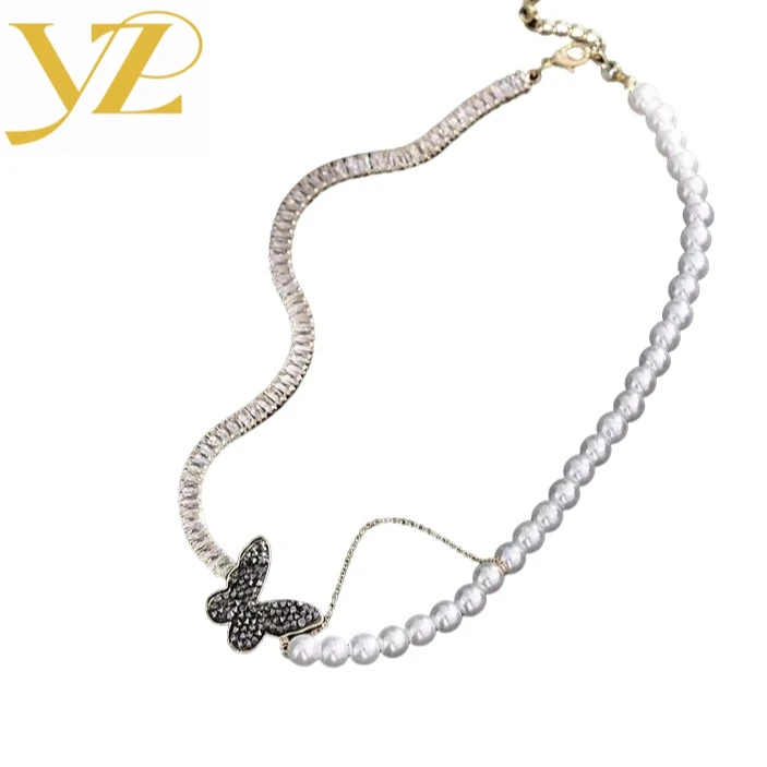 铜合金仿珍珠项链 3029半珠半链时尚百搭蝴蝶项链