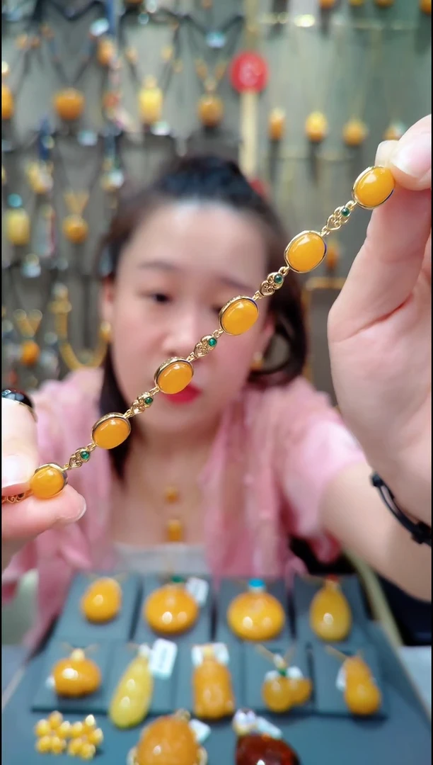 蜜蜡银S925镀金镶嵌珠宝奇石﹣A564蜜蜡手链