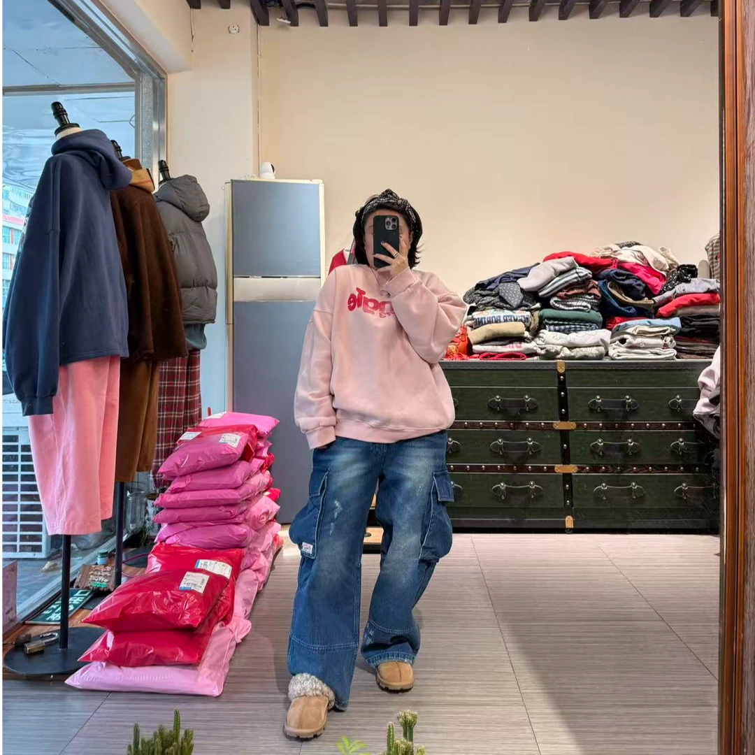 半松紧腰工装加绒牛仔裤