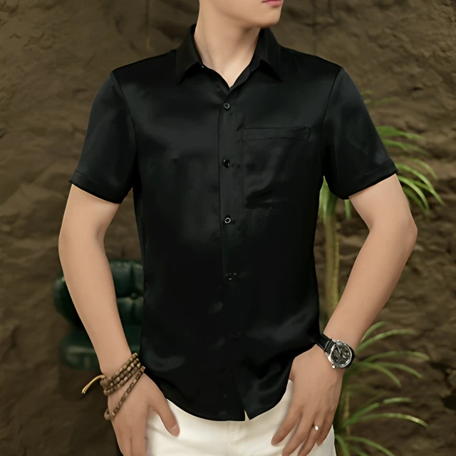 100%真醋酸平板工艺双拉链设计胸口口袋短袖夹克T恤男士夏季