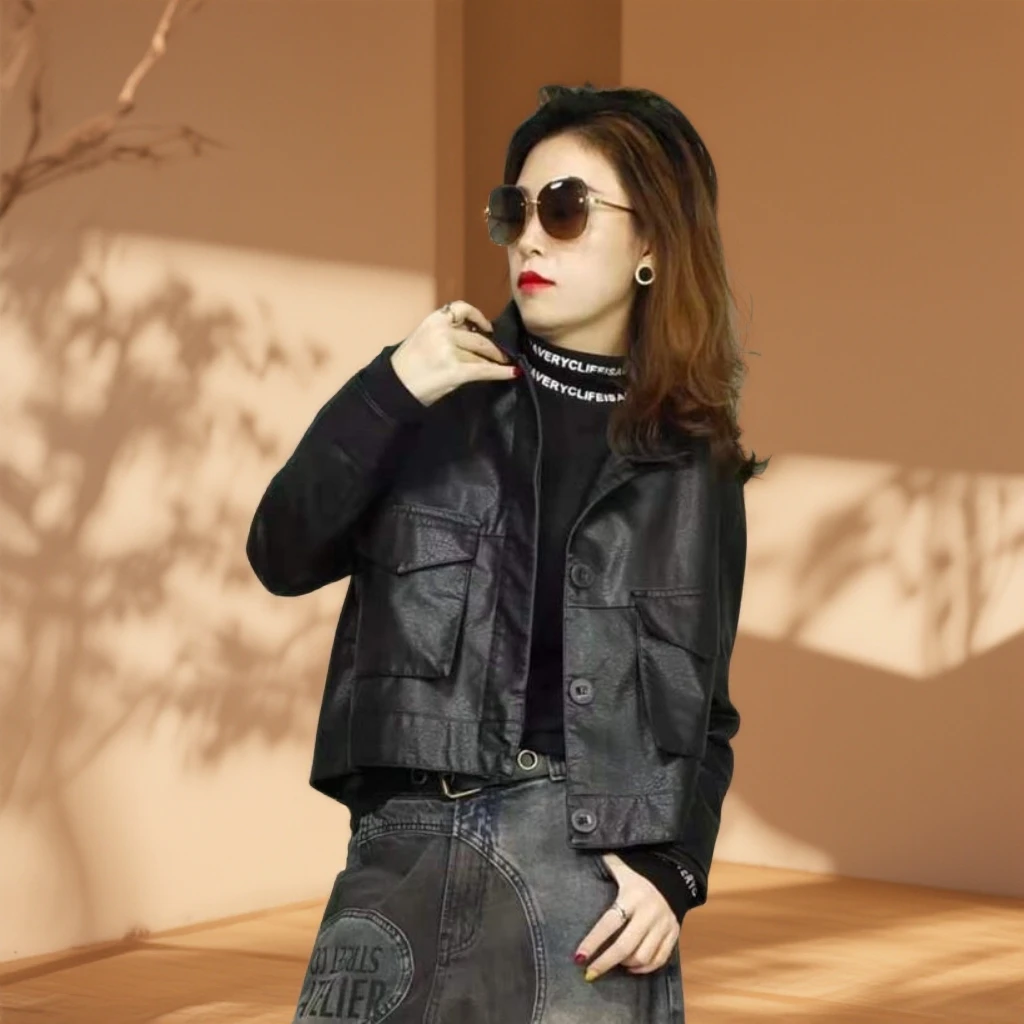 GPTSu休闲宽松显瘦翻领暗扣皮衣百搭大口袋皮外套女2025秋季新款