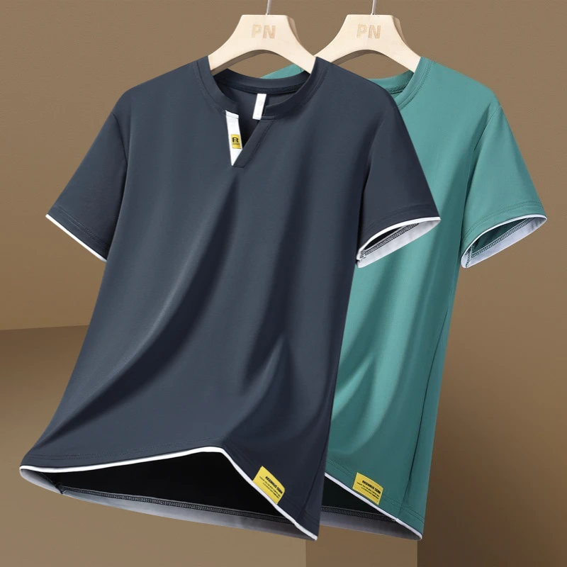夏季薄款锦纶男士冰丝短袖t恤休闲V领百搭宽松运动透气速干上衣服
